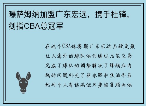 曝萨姆纳加盟广东宏远,携手杜锋,剑指CBA总冠军 曝萨姆纳加盟广东宏远,携手杜锋,剑指CBA总冠军